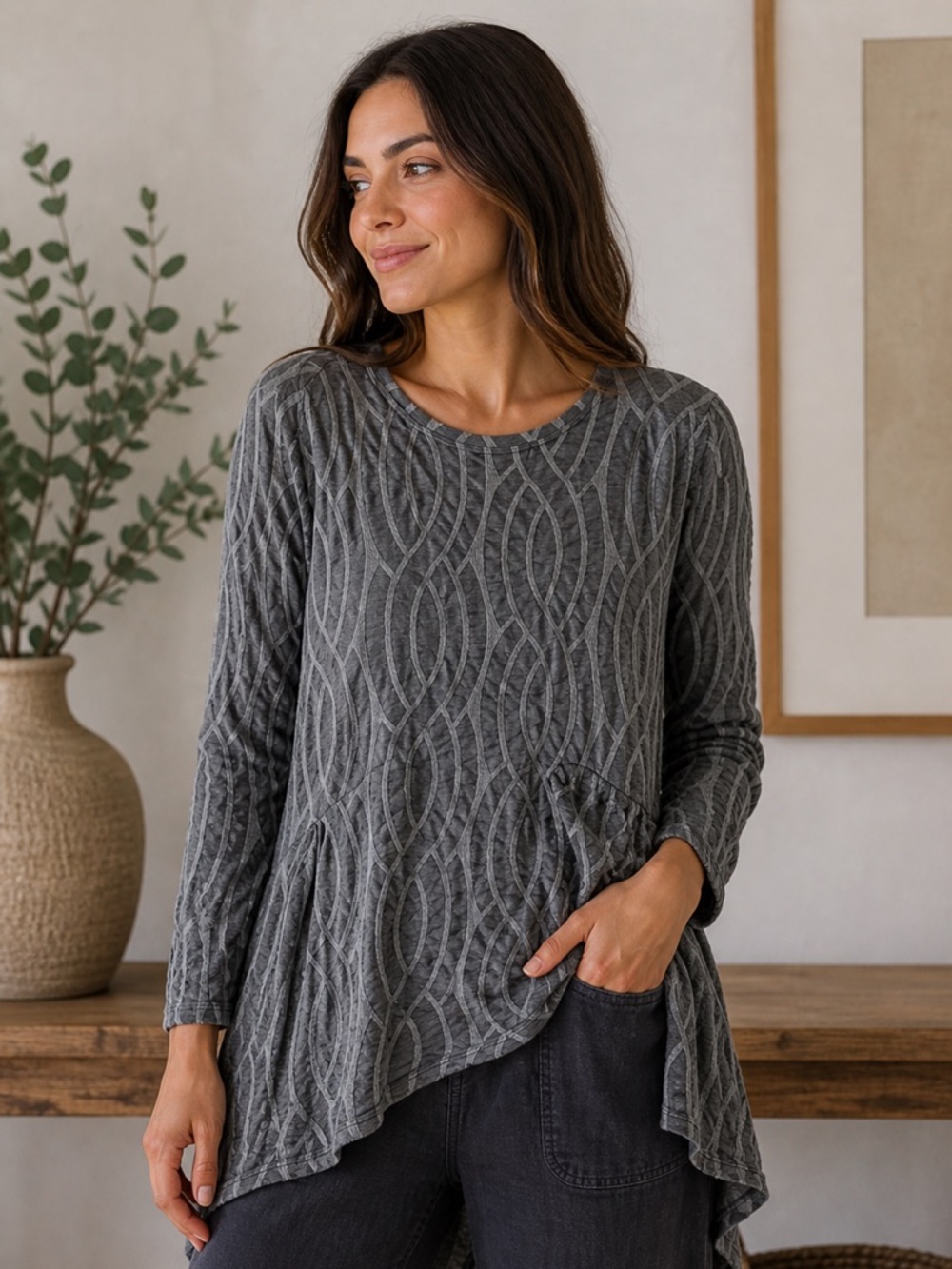 Blue Banana Gray Asymmetrical Australian Lagenlook Wool Long Sleeve‎ Top